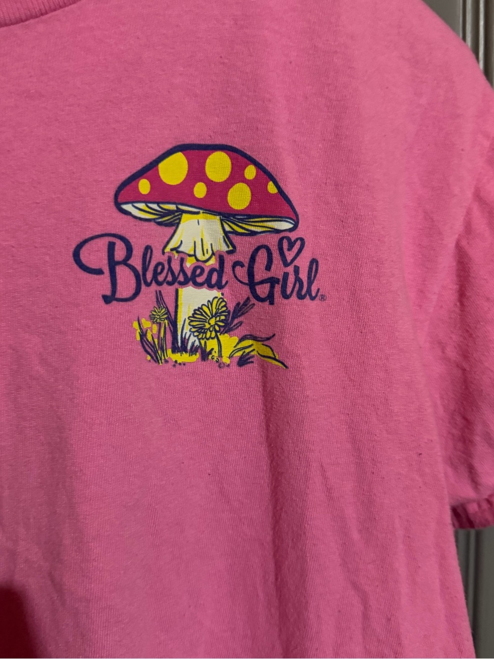 Blessed Girl Pink Mushroom Graphic T-Shirt Isaiah 6:3 God's Glory Tee Womens M - Picture 3 of 8